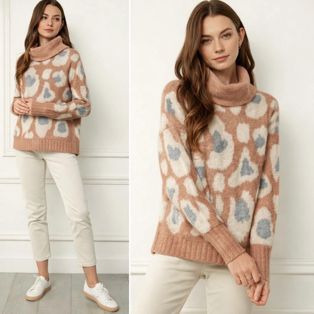 ENTRO Anthropologie‎ Leopard Print Turtleneck Sweater Sz Small Animal Cozy Fall